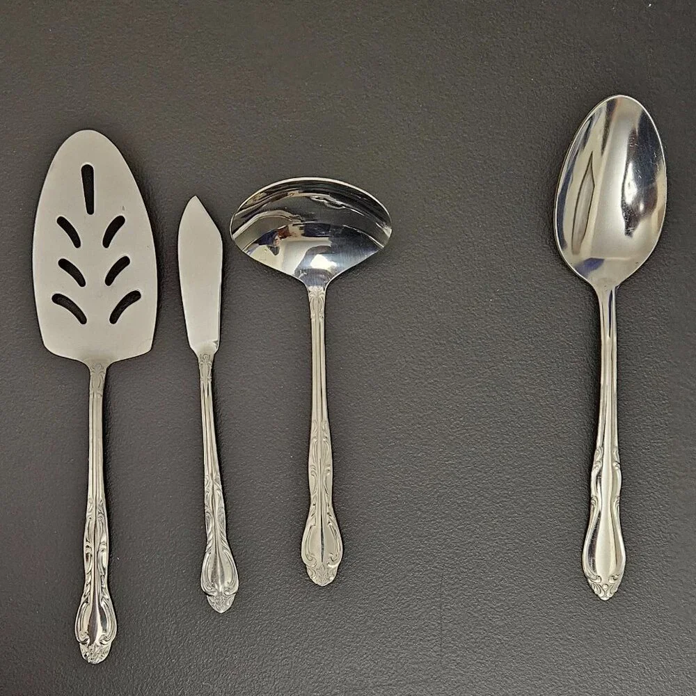 4 Stainless Serving Pcs: 3 National Korea - 1 Simeon I. & George H. Rogers Co.